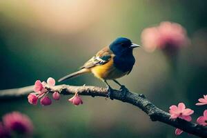 une oiseau est séance sur une branche avec rose fleurs. généré par ai photo