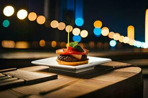 une assiette de nourriture séance sur Haut de une en bois tableau. généré par ai photo