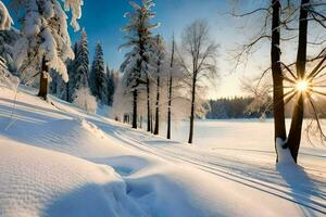 neige couvert des arbres et le Soleil brillant par le des arbres. généré par ai photo