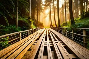 en bois pont dans le forêt à lever du soleil. généré par ai photo