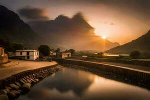 le Soleil monte plus de une rivière dans une vallée. généré par ai photo