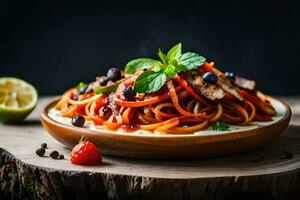 une assiette de spaghetti avec poulet, tomates et basilic. généré par ai photo