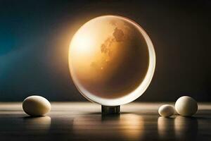 une verre globe avec des œufs sur il. généré par ai photo