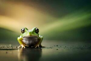 une grenouille séance sur le sol avec une floue Contexte. généré par ai photo