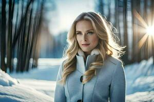 une magnifique blond femme dans une hiver manteau. généré par ai photo