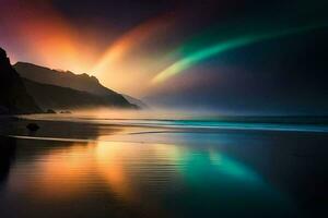 le aurore borealis est réfléchi dans le l'eau. généré par ai photo