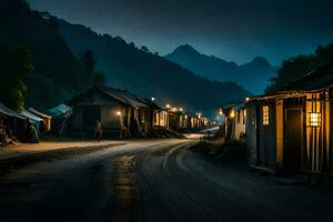 une village à nuit avec lumières sur le Maisons. généré par ai photo