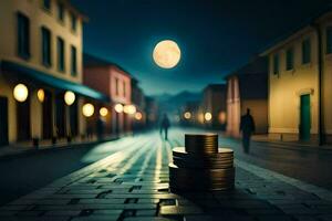 une rue avec une plein lune dans le Contexte. généré par ai photo