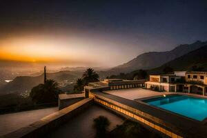 le bassin à le coucher du soleil dans une villa surplombant le montagnes. généré par ai photo