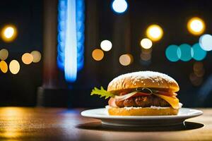 une Hamburger est séance sur une assiette dans de face de une éclairé Contexte. généré par ai photo