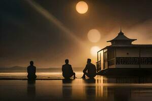 Trois gens séance sur le plage à nuit. généré par ai photo