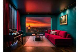 une vivant pièce avec une rouge canapé et une vue de le ville. généré par ai photo