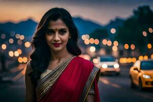 une magnifique femme dans une rouge sari permanent dans de face de une ville. généré par ai photo