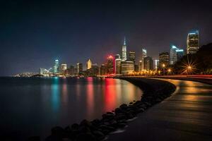 le Chicago horizon à nuit. généré par ai photo