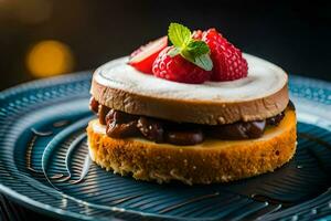 une dessert sur une bleu assiette avec des fraises. généré par ai photo