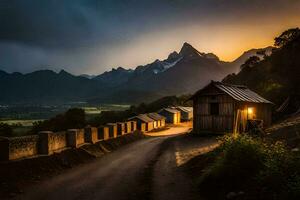 une route de premier plan à une Montagne village à le coucher du soleil. généré par ai photo