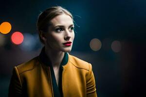 une femme dans une Jaune veste et rouge rouge à lèvres. généré par ai photo