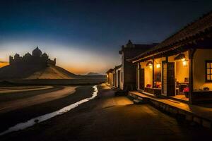 le le coucher du soleil est brillant sur une maison et une le sable dune. généré par ai photo