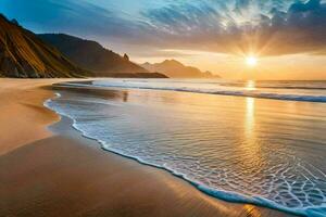 le Soleil monte plus de le océan et le vagues sur le plage. généré par ai photo
