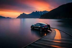 une des sports voiture garé sur une Dock à le coucher du soleil. généré par ai photo