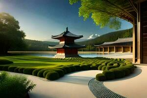 une Japonais jardin avec une pagode et des arbres. généré par ai photo