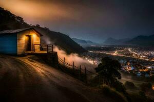 une petit cabane est assis sur le bord de une colline à nuit. généré par ai photo