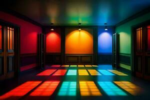 une pièce avec coloré lumières et des portes. généré par ai photo