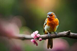 une coloré oiseau est assis sur une branche avec rose fleurs. généré par ai photo