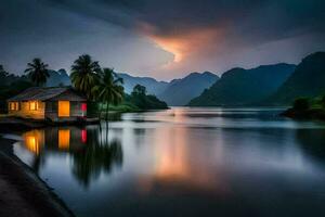 une petit cabane est assis sur le rive de une Lac à le coucher du soleil. généré par ai photo