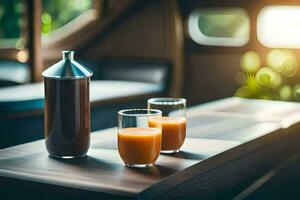 deux des lunettes de Orange jus asseoir sur une tableau. généré par ai photo