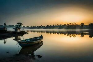 une bateau est assis sur le rive de une Lac à lever du soleil. généré par ai photo