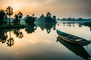 une bateau est assis sur le l'eau à lever du soleil. généré par ai photo