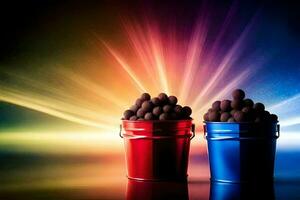 deux seaux de Chocolat sont montré dans de face de une coloré lumière. généré par ai photo