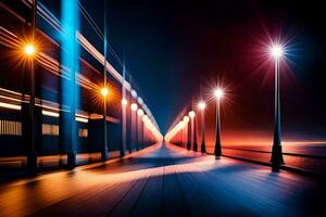 une longue pont avec lumières à nuit. généré par ai photo