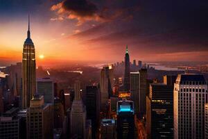 le Soleil ensembles plus de le ville horizon dans Nouveau York. généré par ai photo