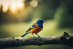 une bleu et Orange oiseau séance sur une branche. généré par ai photo