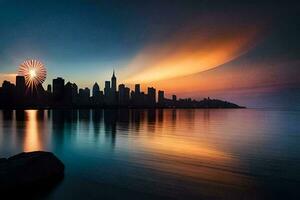 le Chicago horizon est réfléchi dans le l'eau à le coucher du soleil. généré par ai photo