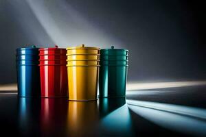 quatre coloré Plastique tasses sont doublé en haut sur une tableau. généré par ai photo