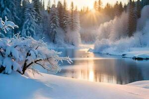 neige couvert des arbres et une rivière dans le l'hiver. généré par ai photo