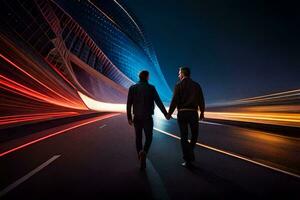 deux Hommes en marchant sur une route à nuit avec lumière les sentiers. généré par ai photo