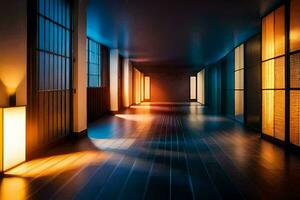 une couloir avec lumière brillant par le les fenêtres. généré par ai photo