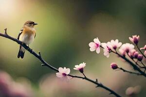 une oiseau est assis sur une branche avec rose fleurs. généré par ai photo