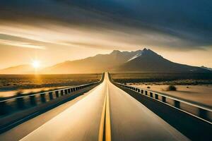 une longue Autoroute avec le Soleil réglage derrière il. généré par ai photo