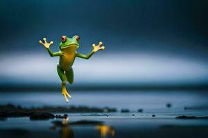 une grenouille sauter dans le air sur une foncé nuit. généré par ai photo