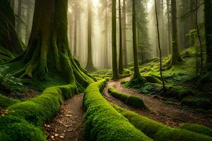 une chemin par une forêt avec moussu des arbres. généré par ai photo