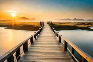 une en bois pont plus de une corps de l'eau à lever du soleil. généré par ai photo