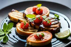 grillé Viande et des fraises sur une plaque. généré par ai photo