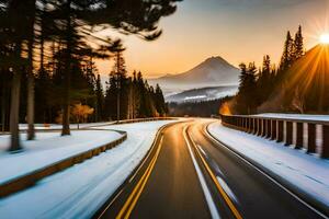 une neigeux route avec le Soleil réglage derrière il. généré par ai photo