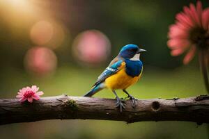 une bleu et Jaune oiseau est assis sur une branche. généré par ai photo