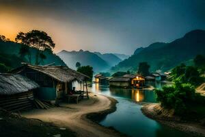 une village dans le montagnes à le coucher du soleil. généré par ai photo